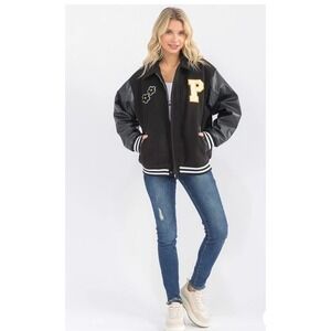 Women's Zip Up‎ Pleather Letterman Jacket- Size Large New with Tags!